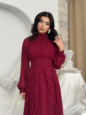 Moda Days Kadın Bordo Şifon Dik Yaka Uzun Balon Kollu Kuşaklı Fırfırlı Maxi Elbise