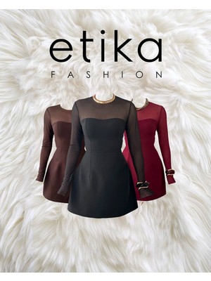 Moda Days Kadın Bordo Mini Elbise Transparan Tül Uzun Kollu A Kesim Davet Stili