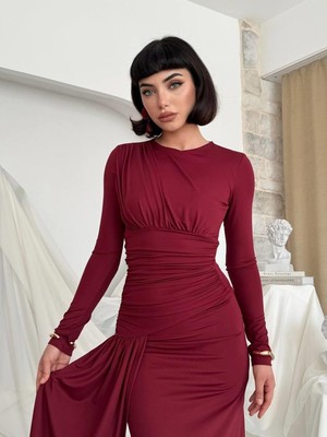 Moda Days Kadın Bordo Midi Elbise Drapeli Uzun Kollu Bisiklet Yaka Büzgü Detaylı