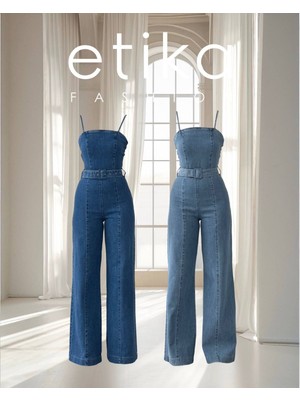 Moda Days Kadın Koyu Mavi̇ Askılı Denim Kemer Detaylı Yüksek Bel Bol Paça Uzun Tulum