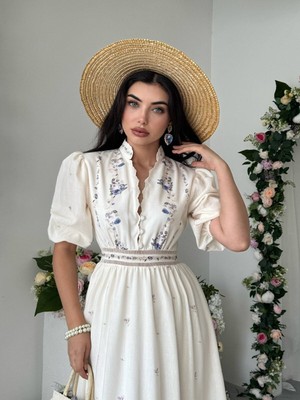 Moda Days Kadın Mor Çiçek Desenli Düğmeli Büzgülü Bel Balon Kol Midi Elbise