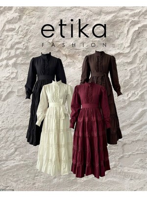 Moda Days Kadın Siyah Midi Elbise Dik Yaka Fırfır Detaylı Kemerli Düğmeli Dantel Şeritli
