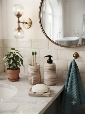 Trust Stone Bej Mermer Desenli Dekoratif Banyo Seti
