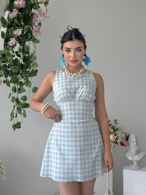Moda Days Kadın Mavi̇ Mini Elbise Ekose Desenli Kolsuz Bağlama Detaylı Kloş Kesim