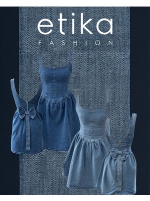 Moda Days Kadın Koyu Mavi̇ Askılı Kare Yaka Fiyonklu Fermuarlı Denim Mini Kloş Elbise