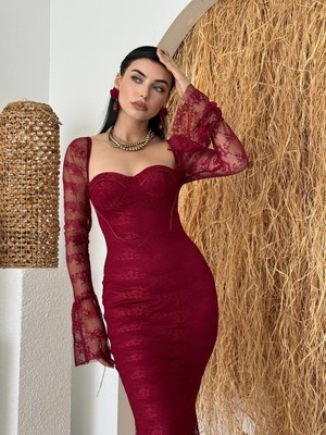 Moda Days Kadın Bordo Midi Elbise Kalp Yaka Korsajlı Dantel Detaylı Uzun Tül Kollu Balık Kesim