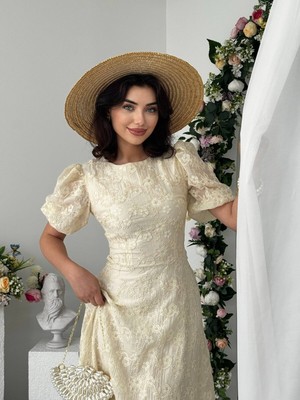 Moda Days Kadın Bej Midi Elbise Bisiklet Yaka Çiçek Desenli Balon Kollu A Kesim