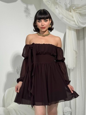 Moda Days Kadın Kahve Mini Elbise Şifon Kayık Yaka Balon Kollu Büzgülü Volanlı