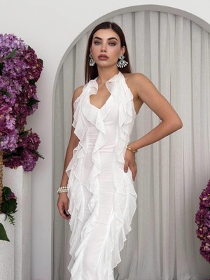 Moda Days Kadın Beyaz Midi Elbise V Yaka Volanlı Şifon Kolsuz Davet Elbisesi