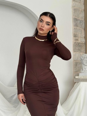 Moda Days Kadın Kahve Dik Yaka Uzun Kollu Büzgülü Yırtmaçlı Midi Kalem Elbise