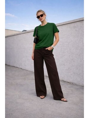 Moda Days Kadın Yeşil Basic Tişört Bisiklet Yaka Kısa Kollu Düz Süprem Kumaş