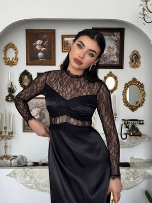 Moda Days Kadın Siyah Midi Elbise Dantel Transparan Detaylı Saten Uzun Kollu Abiye