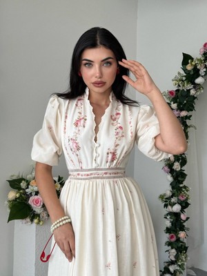 Moda Days Kadın Pembe Çiçek Desenli Düğmeli Büzgülü Bel Balon Kol Midi Elbise
