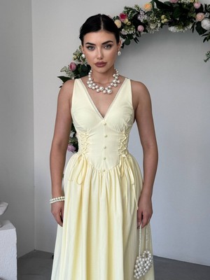 Moda Days Kadın Sari Maxi V Yaka Düğmeli Yan Bağcıklı Kolsuz Poplin Elbise