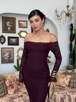 Moda Days Kadın Mürdüm Uzun Dantel Elbise Kayık Yaka Uzun Kollu Vücuda Oturan Volanlı