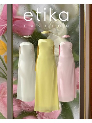 Moda Days Kadın Pembe Straplez Şal Detaylı Saten Midi Elbise Sırt Dekolteli