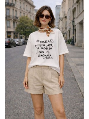 Moda Days Kadın Ekru Baskılı Bisiklet Yaka Oversize Kısa Kollu Süprem Tişört