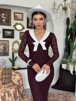 Moda Days Kadın Mürdüm Dantel Uzun Elbise V Yaka Fiyonk Detaylı Uzun Kollu