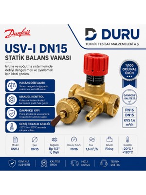 Danfoss Usv-I DN15 Statik Balans Vanası PN16 Kvs 1,6 – Rp 1/2” Iç Dişli Pirinç Gövde