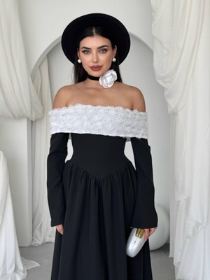 Moda Days Kadın Siyah Omzu Açık Çiçek Aplikeli Uzun Kollu Midi Abiye Elbise