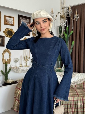 Moda Days Kadın Koyu Mavi̇ Denim Elbise Kemerli Beli Oturan Uzun Kollu Fermuarlı Kloş