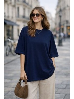 Moda Days Kadın Lacivert Basic Bisiklet Yaka Oversize Kısa Kollu Süprem Tişört