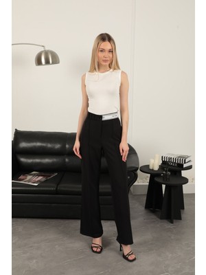 Moda Days Kadın Taş Pantolon Yüksek Bel Detaylı Kemerli Geniş Paça Uzun Dokuma