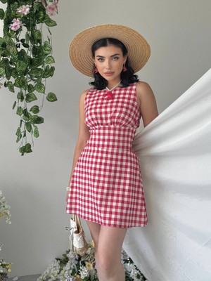 Moda Days Kadın Kirmizi Mini Elbise Ekose Desenli Kolsuz Bağlama Detaylı Kloş Kesim