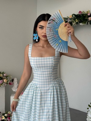 Moda Days Kadın Mavi̇ Kare Yaka Ekose Desenli Askılı Büzgülü Bel Midi Elbise