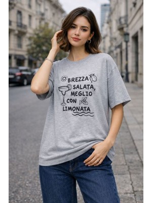 Moda Days Kadın Gri Baskılı Bisiklet Yaka Oversize Kısa Kollu Süprem Tişört