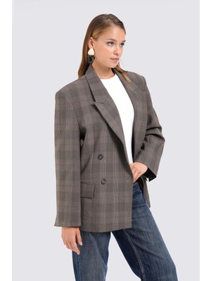Thalure Kadın Kahverengi Ekoseli Oversize Blazer