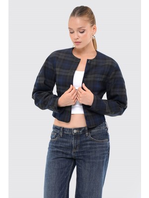 Thalure Kadın Lacivert Ekoseli Bisiklet Yaka Crop Blazer