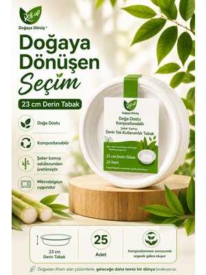 Roll-Up Doğa Dostu Kompostlanabilir Şeker Kamışı Derin Tek Kullanımlık Tabak 23 cm 25 Adet