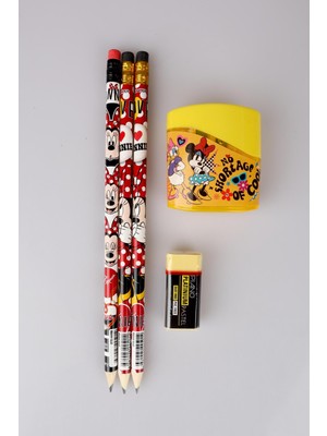 LİSANSLI MINNIE MOUSE 3 ADET SİLGİLİ KURŞUN KALEM,KALEMTRAŞ VE SİLGİ KIRTASİYE SETİ