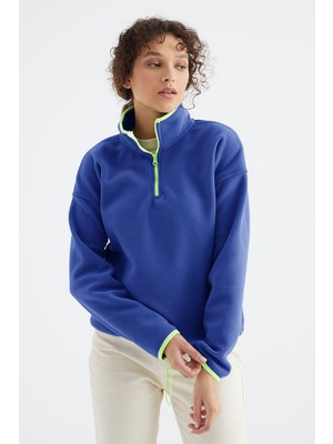 Tommy Life Saks Yarım Fermuar Etek Ucu Büzgülü Dik Yaka Standart Kalıp Kadın Polar Sweatshirt - 97234