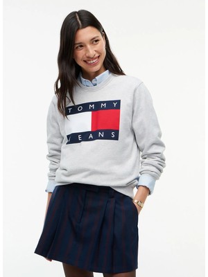 Tommy Jeans Gri Kadın Yuvarlak Yaka Logo Baskılı Sweatshirt DW0DW23906P08