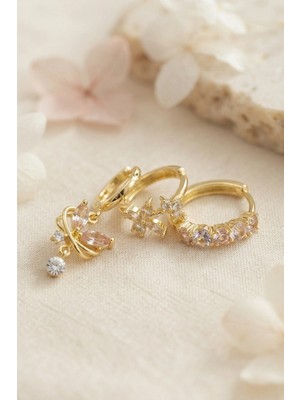 Marsilyan™- 3 Lü Set Gold Renk Zirkon Taşlı Kelebek Model Küpe