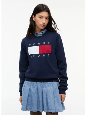 Tommy Jeans Mavi Kadın Yuvarlak Yaka Logo Baskılı Sweatshirt DW0DW23906C1G