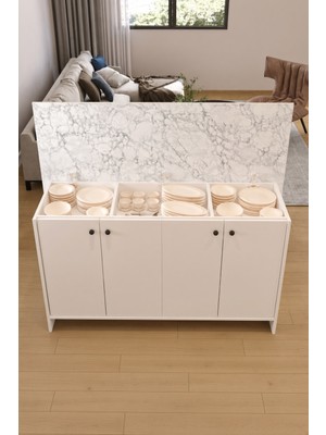 Aeka AE-2080 Patentli Ayder Mutfak Adası Bar Masası Yemek Masası Dolaplı, Beyaz/beyaz Mermer Raflı, Çok Amaçlı