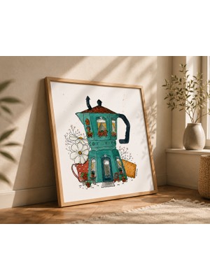 Pegziz Retro Kahve Evi ve Moka Pot Dekoratif Tablo – Renkli Vintage Mutfak ve Kahve Köşesi Duvar Dekoru