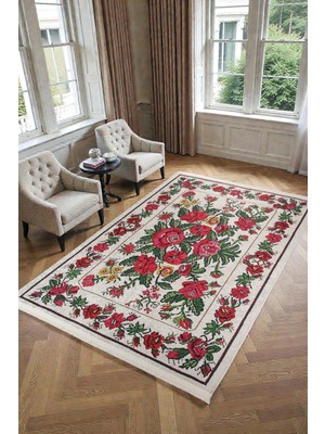 Ekru Kırmızı Karabağ Desenli Etnik Modern Salon Halısı BLG3831