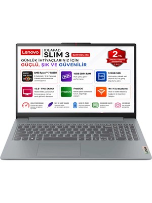 Lenovo Ideapad Slim 3 AMD Ryzen 7 5825U 16GB 512GB SSD Freedos 15.6" FHD Taşınabilir Bilgisayar 82XM00U4TX