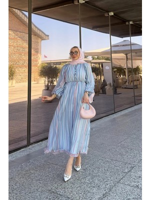 Riella Butik Nelia Düğme Detaylı Balon Kol Tesettür Elbise