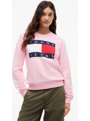Tommy Jeans Pembe Kadın Yuvarlak Yaka Logo Baskılı Sweatshirt DW0DW23906TPF