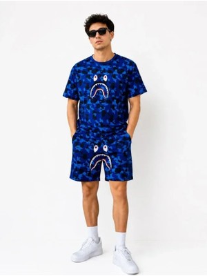 Erkek Oversize Kalıp Pubg Bape x Shark Nakışlı Cepli Şort Takım - Mavi