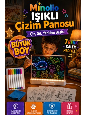 Minolio LED Işıklı Çizim ve Boyama Tahtası 30X20 Büyük Boy Stant ve 7 Adet Kalem Hediyeli