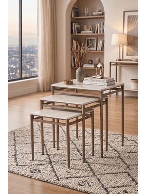 Azra Mobilya 3’lü Zigon Sehpa Takımı Traverten Desenli Mdf Membran Tabla – Bronz Renk Metal Ayaklı