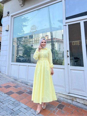 Riella Butik Gömlek Yakalı Tesettür Elbise-Sarı