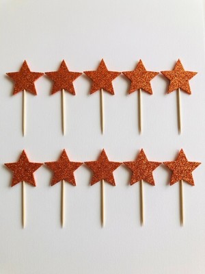 Hediyebigi Yıldız Turuncu Simli Cupcake Kürdanı Doğum Günü Parti ve Pasta Süsü 10 Lu 5cm