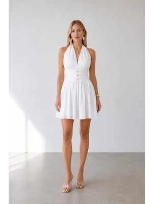 Moda Halter Yaka Drapeli Ekru Elbise